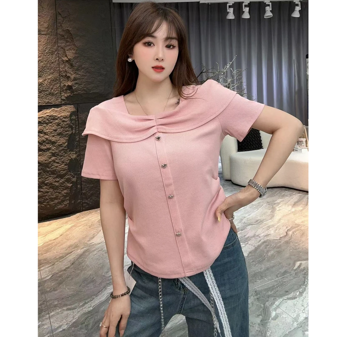 2520 夏季新款时尚修身气质【褶皱】短袖纯色方领设计感小众T恤女