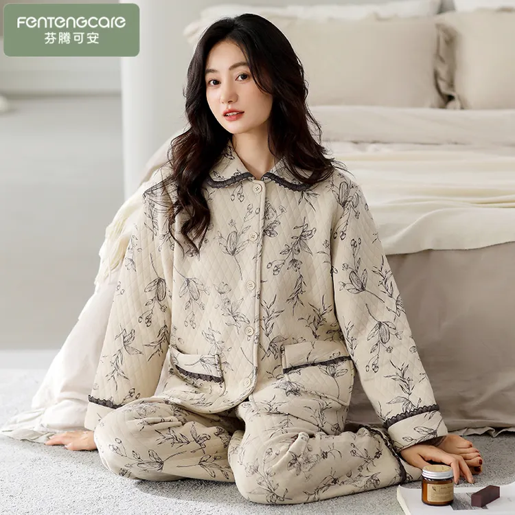 芬腾可安空气棉睡衣女秋冬2025年新款夹棉加厚加绒可外穿家居套装