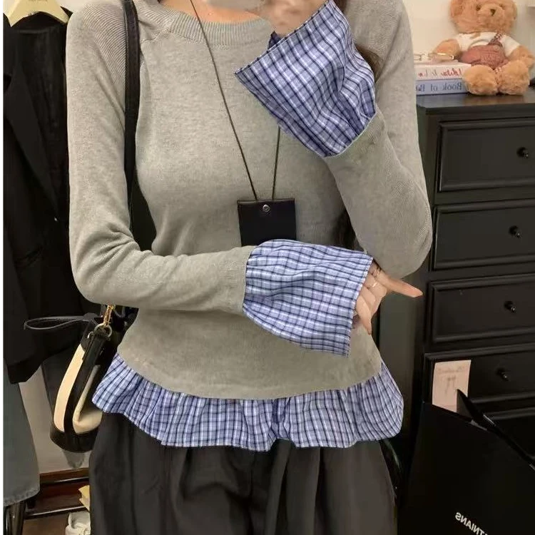 5561大码女装荷叶边假两件长袖