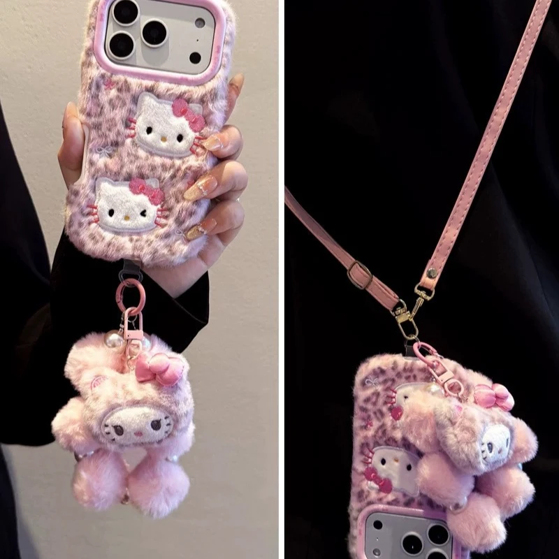 秋冬粉色底毛绒Kitty猫适用苹果17promax手机壳iphone16pro手链15
