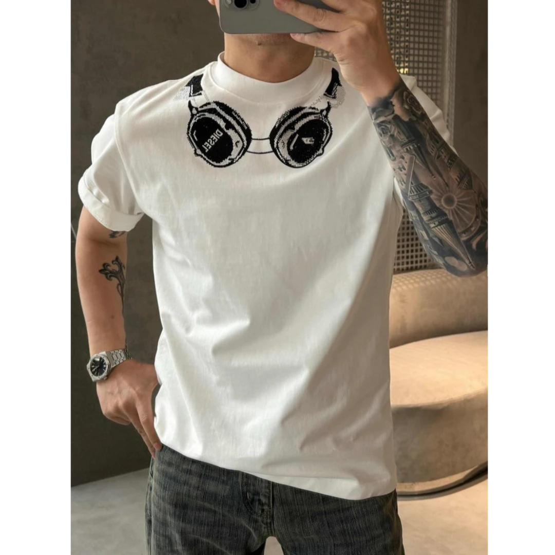 2025夏季高端印花耳机图案烫钻短袖t恤男宽松欧货半袖打底体恤衫