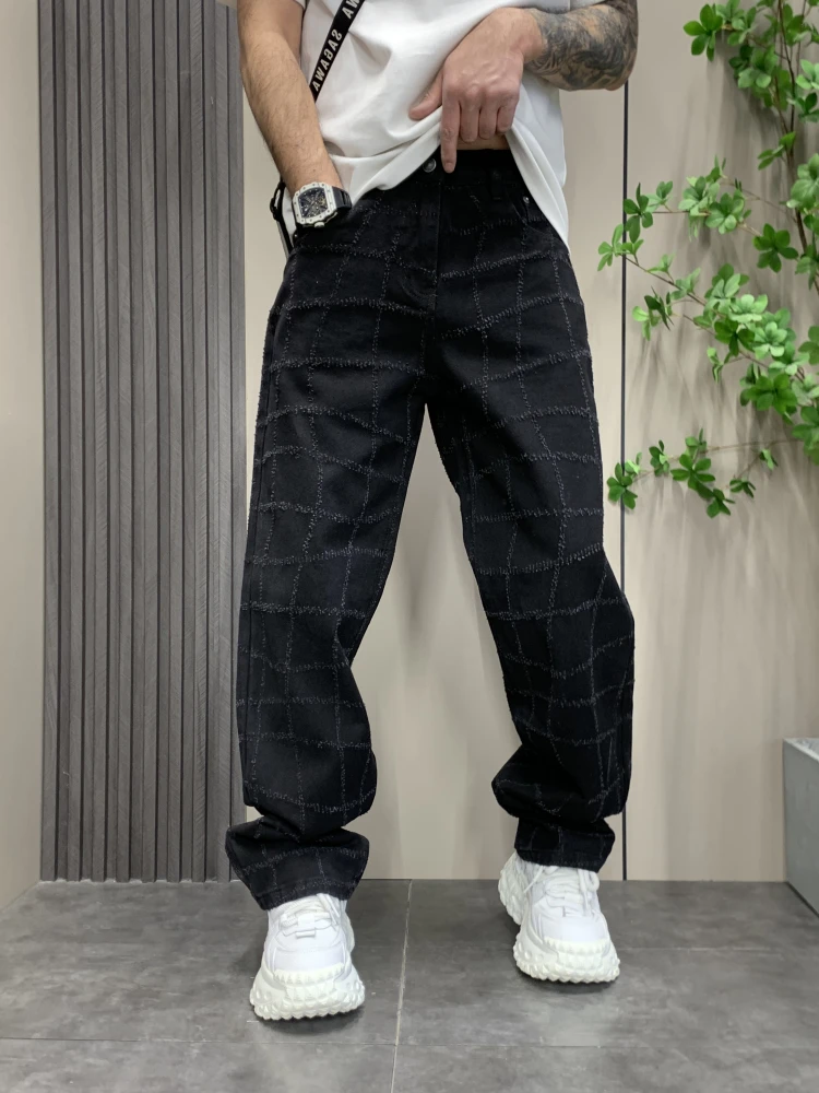 2025春夏新款潮牌时尚不规则网格直筒裤宽松款高品质蓝色牛仔裤男