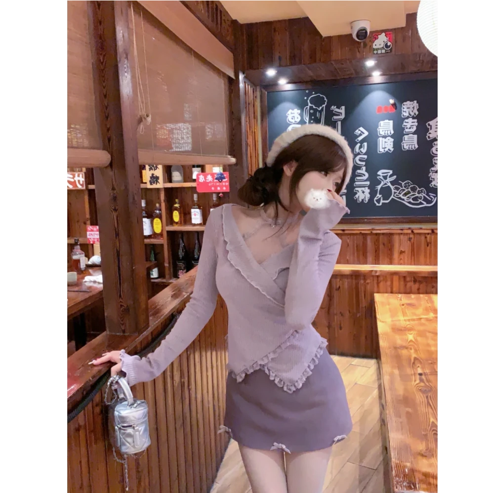 紫雾星河 早秋新款修身显瘦纯欲风甜美上衣+半身短裙两件套女