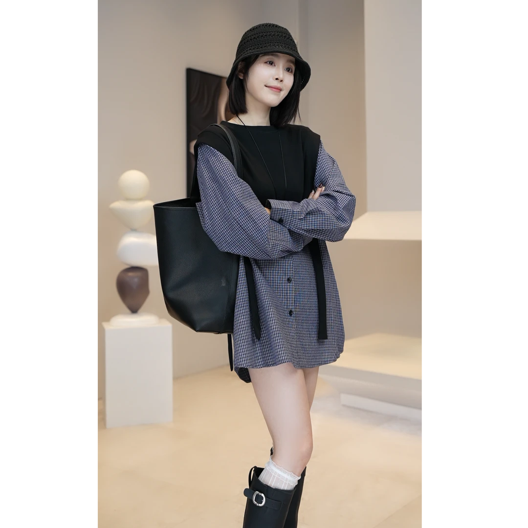 少量现现【YUE YUE】韩国高级感假两件格子衬衫裙2025早春新款W977