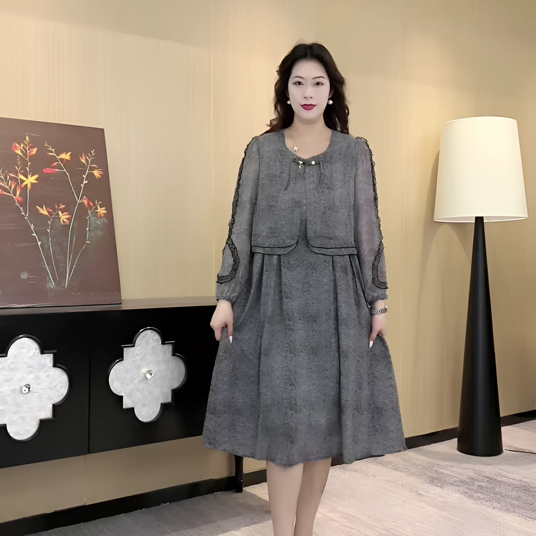 2025秋季新款大码女装气质宽松灰色假两件连衣裙遮肉显瘦241169
