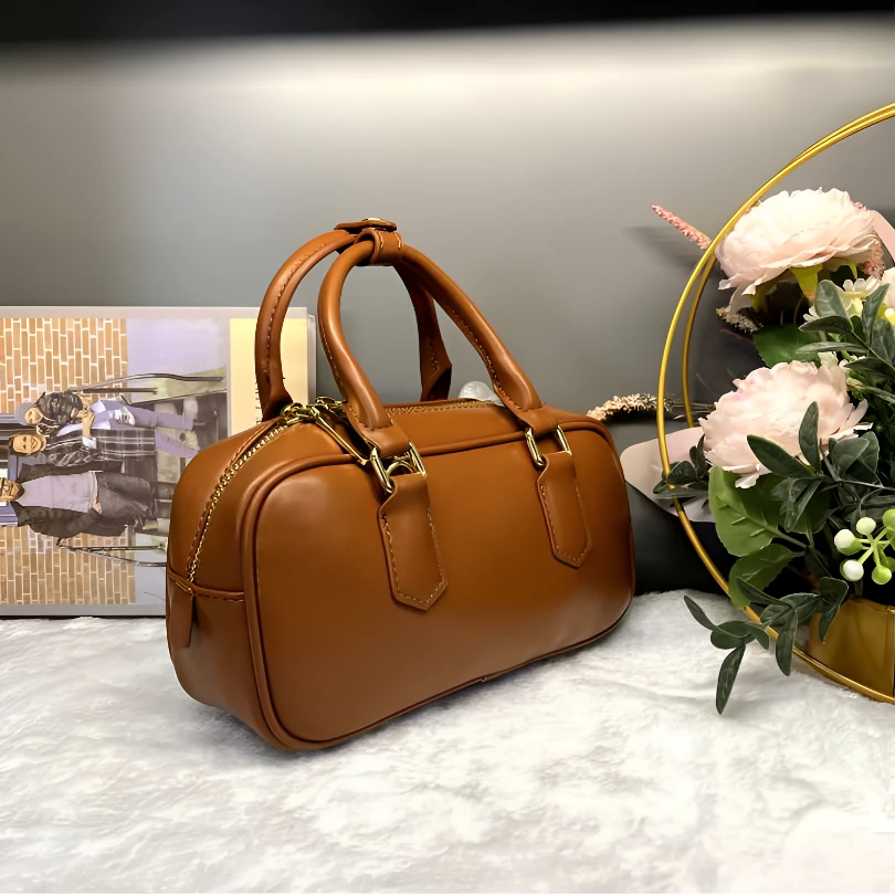 【小裴DY8002】轻奢手提包百搭真皮女士复古棕色波士顿质感