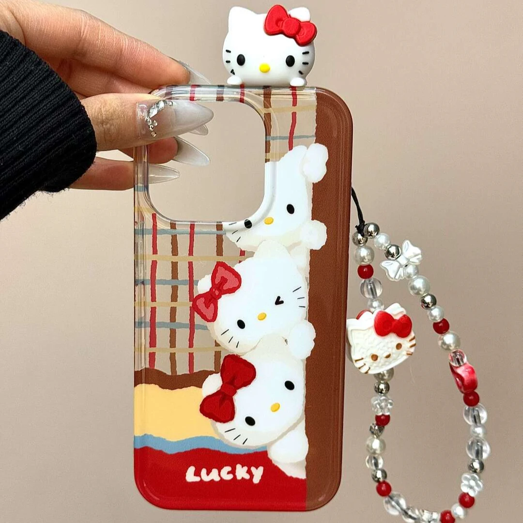 半透格纹排队探头kt猫适用苹果16手机壳iphone15可爱14promax女13