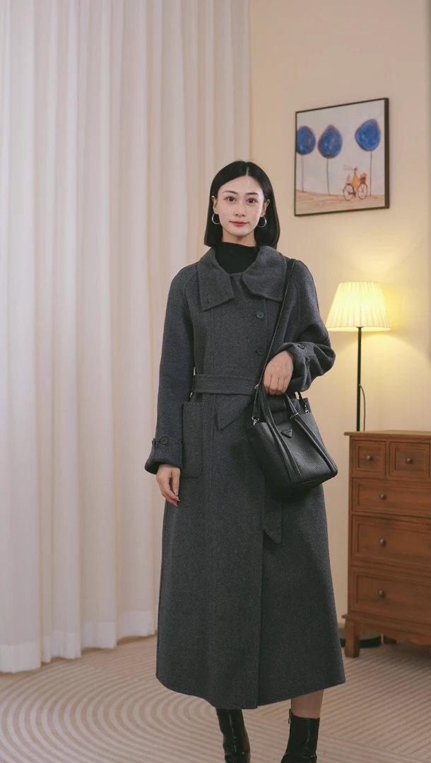 239005秋冬长款气质双面呢绵羊毛时尚翻领中长款大衣外套女