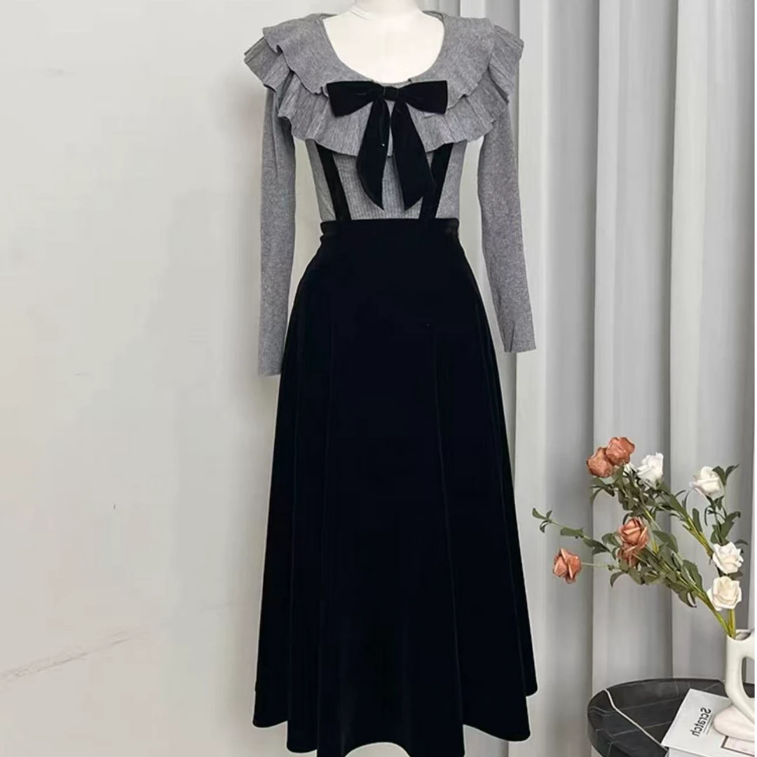 婷婷家韩系早秋穿搭荷叶边金丝绒连衣裙女大方得体两件套