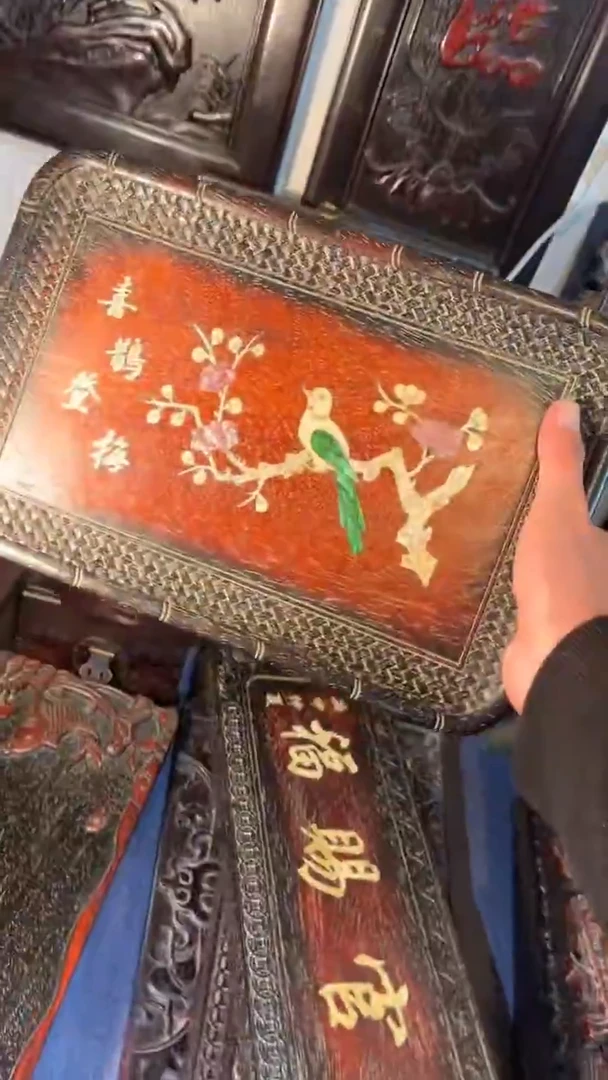 非洲紫檀（红花梨）喜鹊登梅赏盘36x24cm无底座