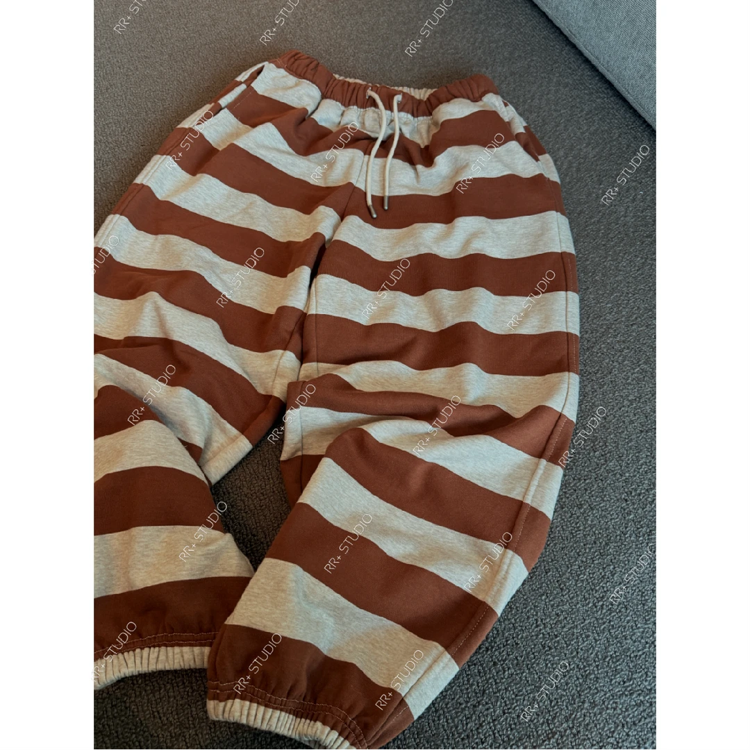 『豆公子』22032韩系拼色粗条纹束脚裤女秋冬时尚百搭松紧腰休闲裤