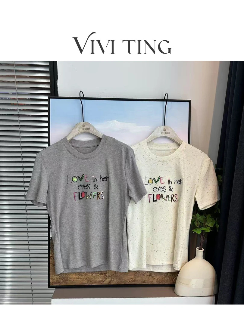 【VIVI·TING】婷姐推荐杂色设计彩色亮片字母刺绣短袖T恤s111