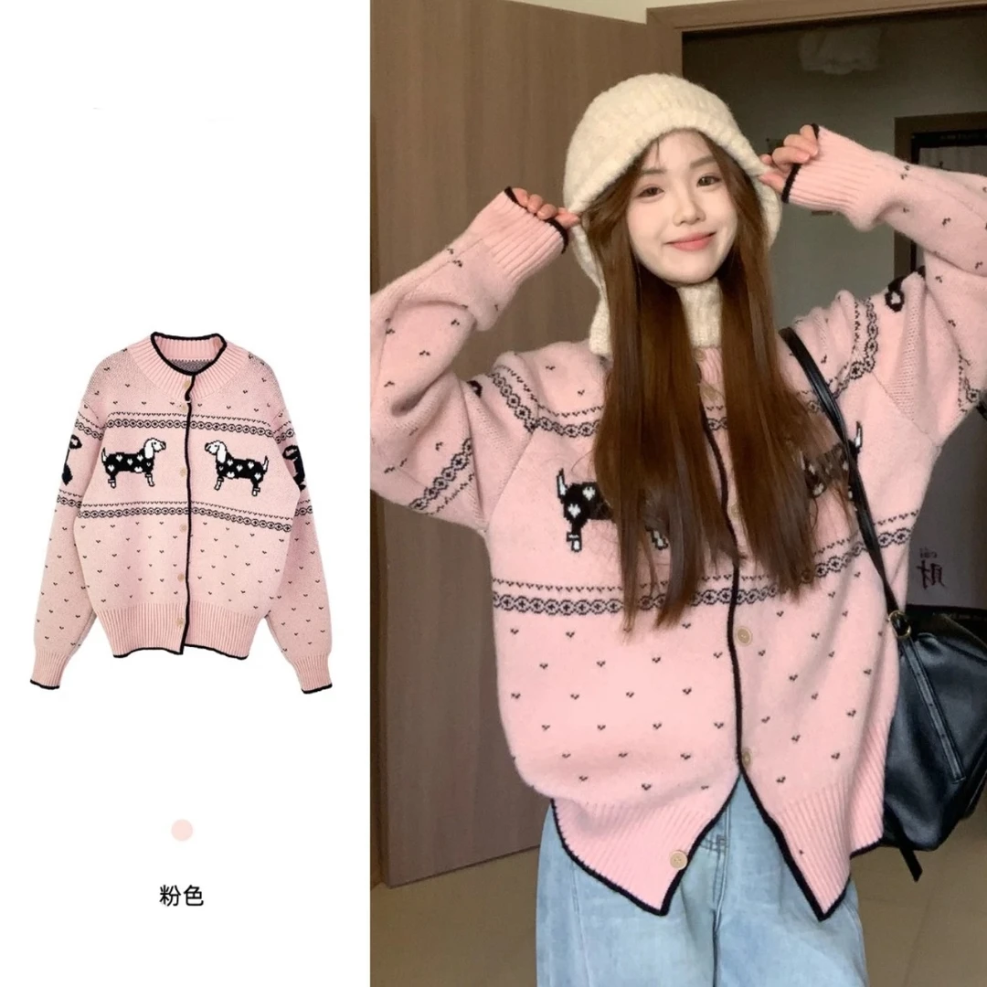 @6111 甜美减龄腊肠狗纽扣开衫毛衣女秋冬宽松温柔百搭针织衫