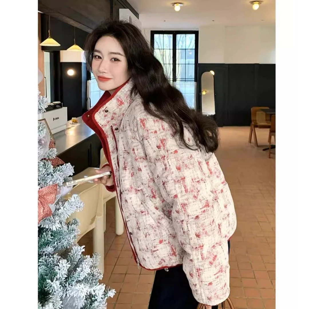 小香风印花立领短款棉服女2025冬季新款学院风甜美减龄面包服外套