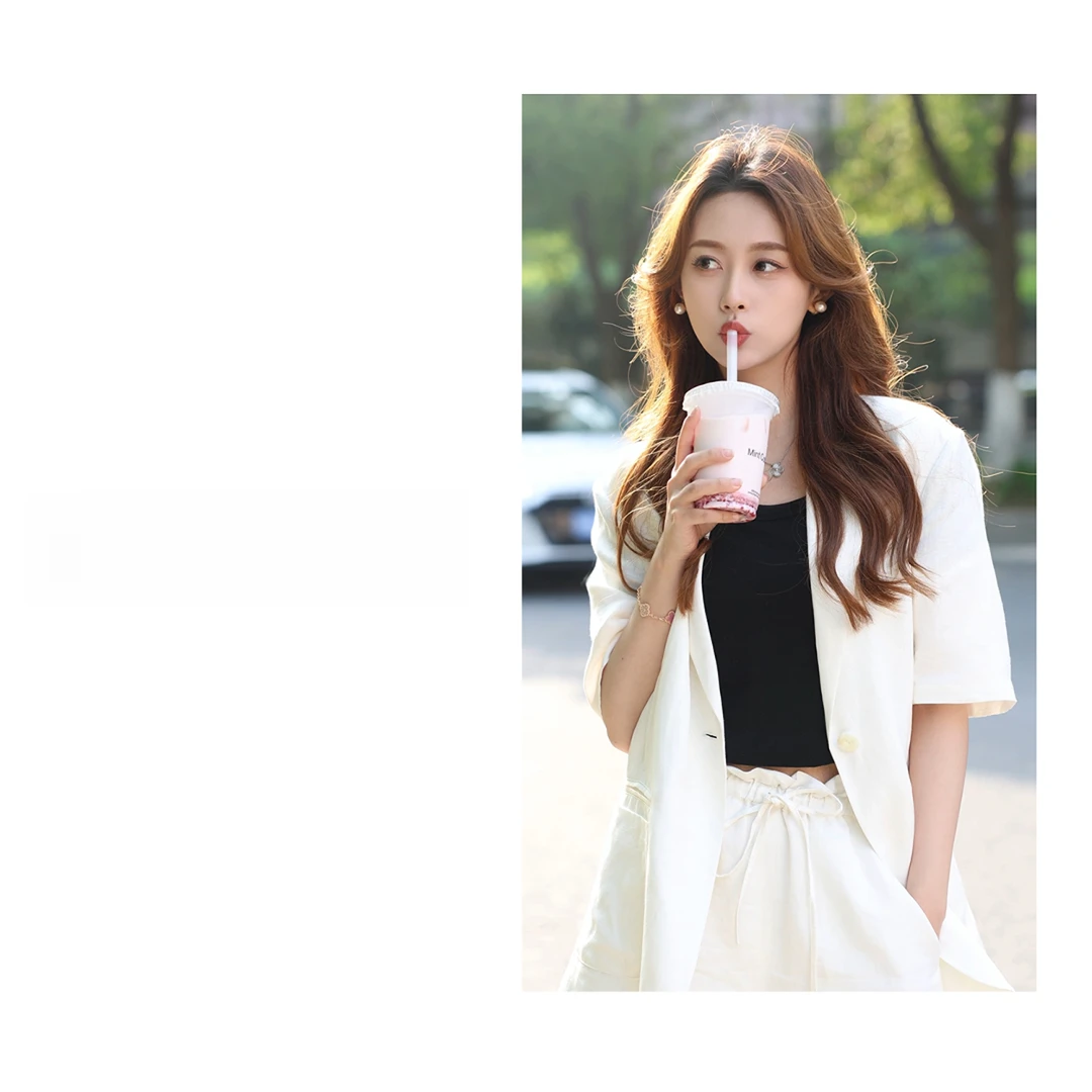 慵懒松弛亚麻混纺西装短袖套装女B1124B50562