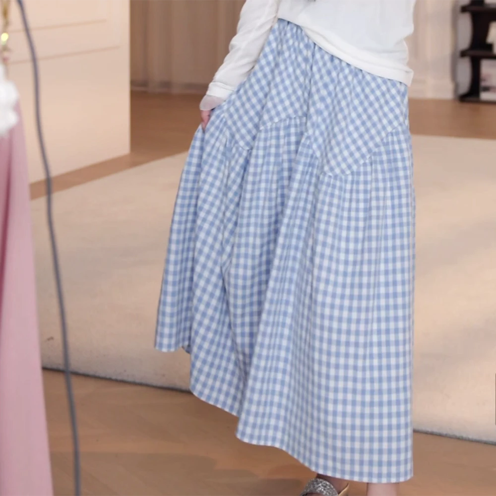 2025新款显瘦百搭时尚气质蓝格子夏季长款A字半身裙蓝色裙子