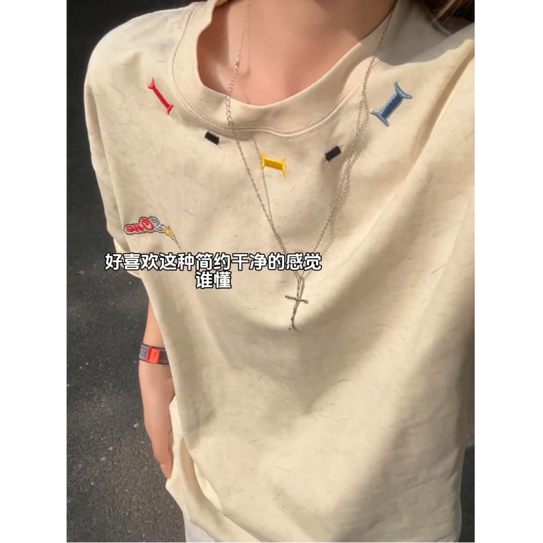 重磅刺绣T恤短袖男款秋季冰丝凉感美式复古潮流宽松半袖体恤上衣