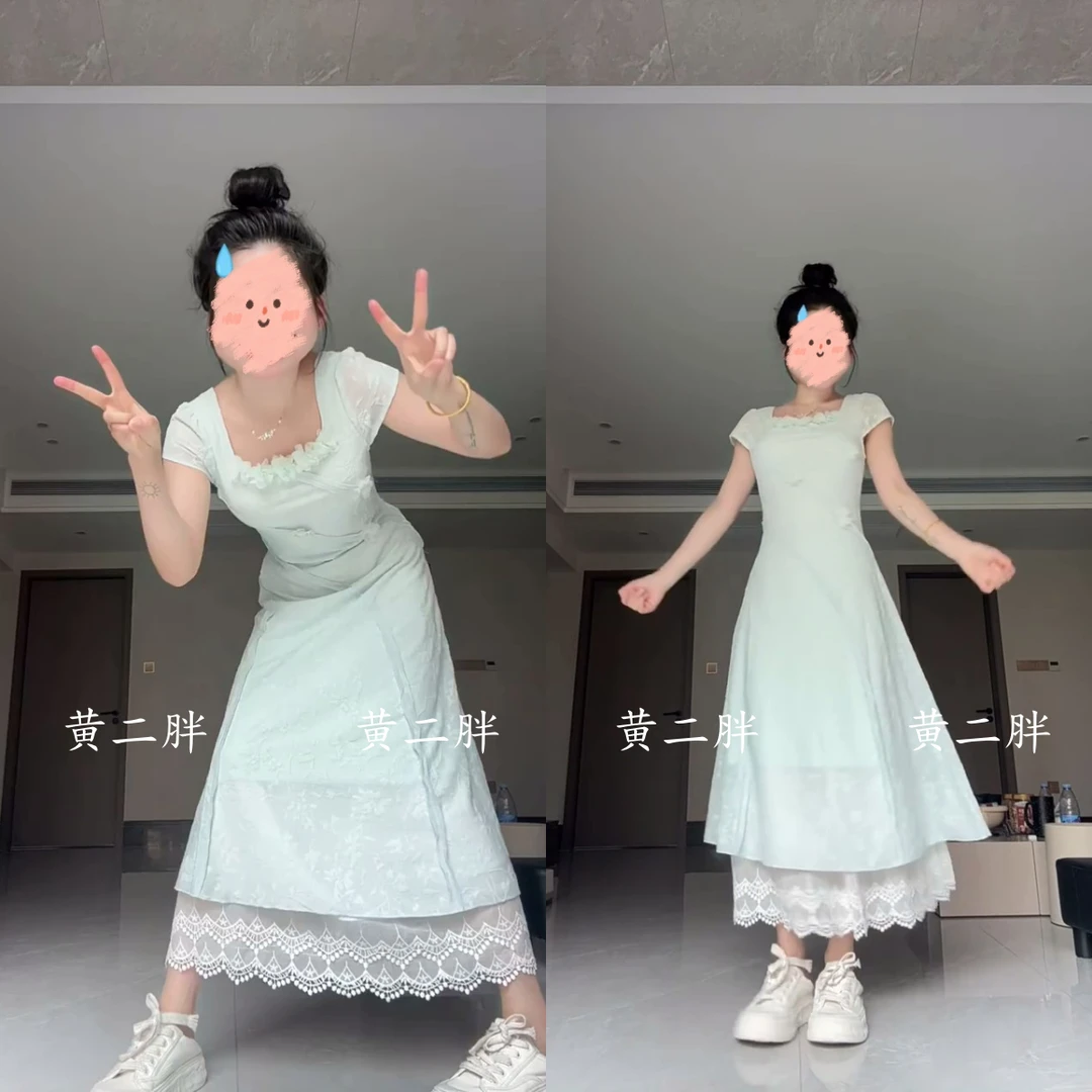 度假风蓝色花边连衣裙女夏季假两件减龄镂空A字裙大摆裙