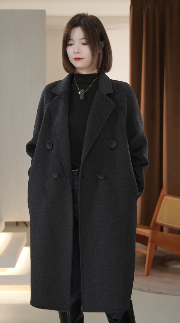 2025秋冬长款针织罗纹立领西装领大小扣中长款简约双面呢羊毛大衣