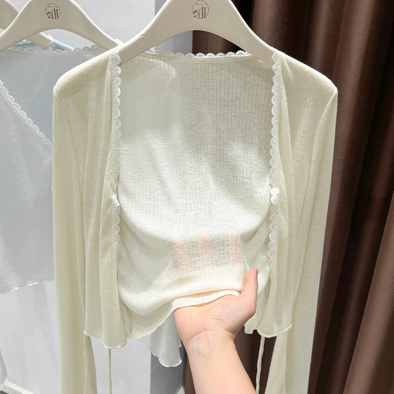 软糯针织防晒开衫女新款花边v领冰丝长袖上衣配裙子外搭披肩罩衫