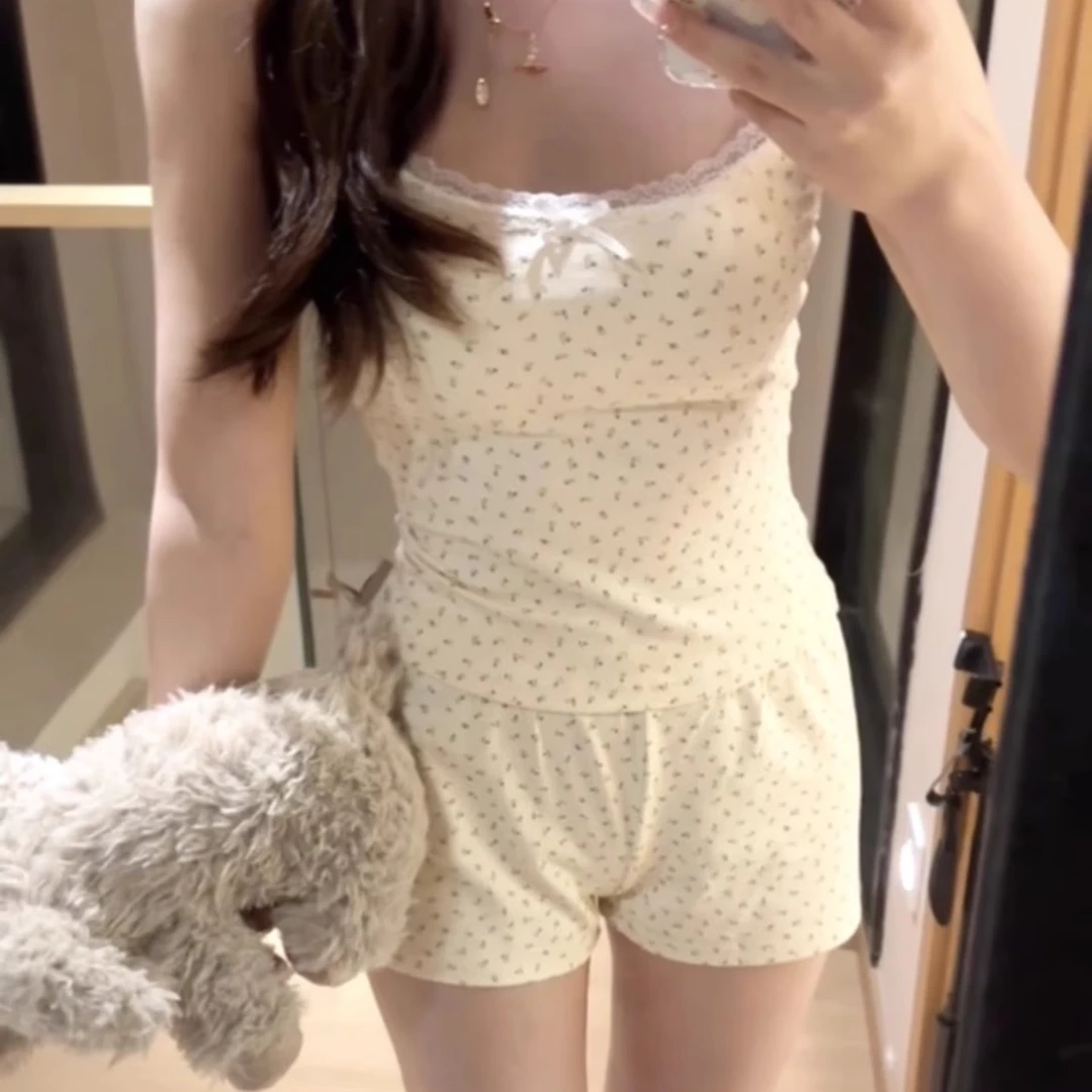 纯欲风碎花吊带甜美短裤睡衣夏季纯棉胸垫2025新款女大睡衣夏天