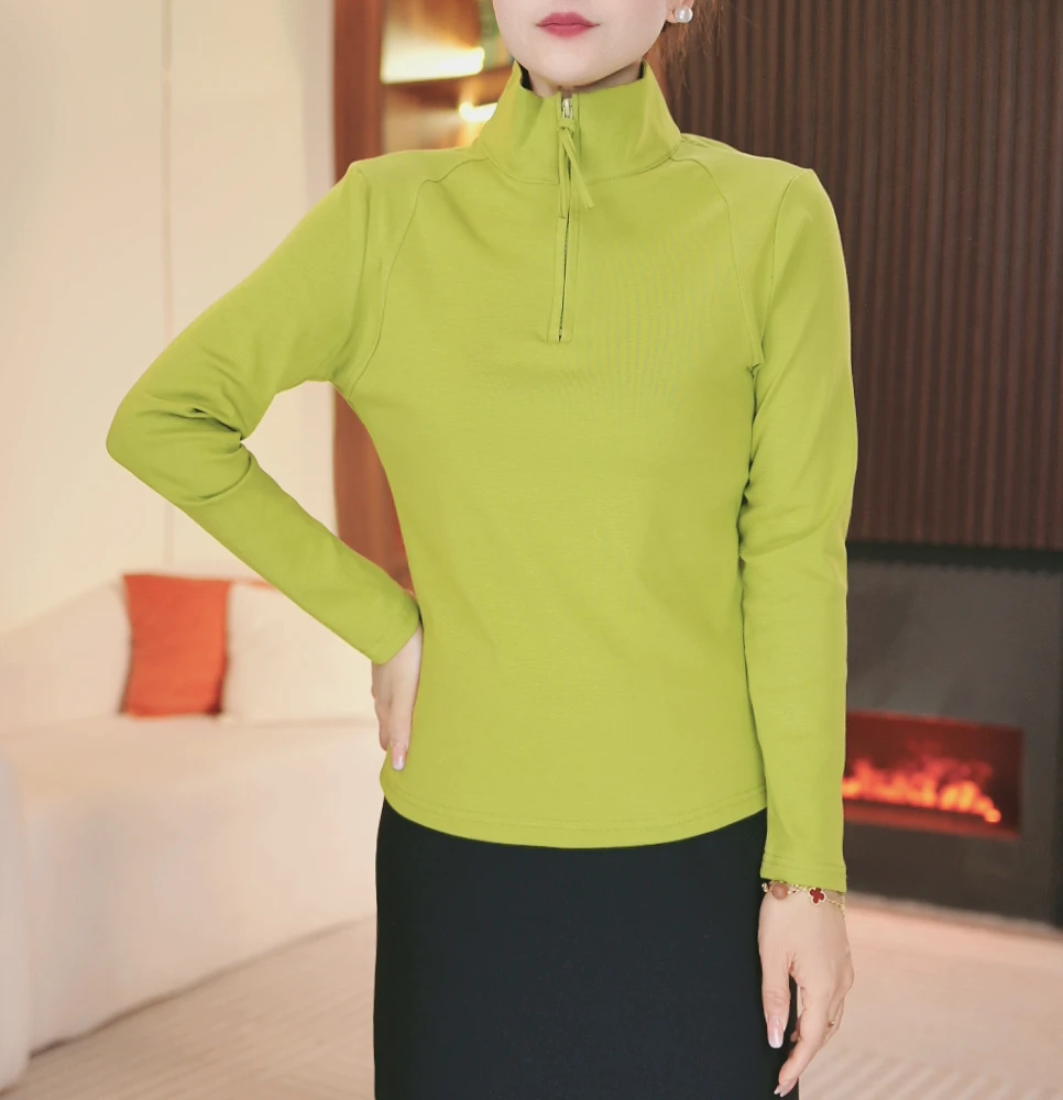 春季新款气质洋气时尚长袖修身显瘦半开领休闲女士上衣7683