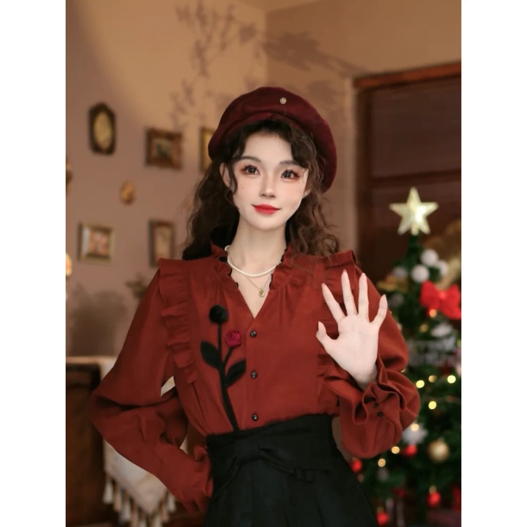 岑岑【花鸣露】港味复古显瘦气质设计感上衣30343