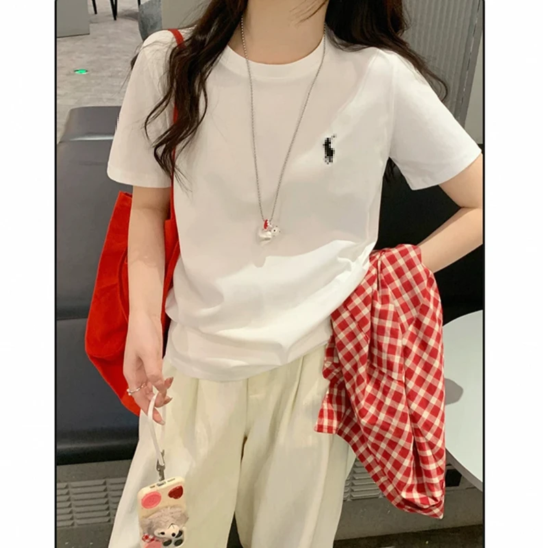 圆领短袖绣花T恤女夏季2025新款正肩百搭宽松上衣T