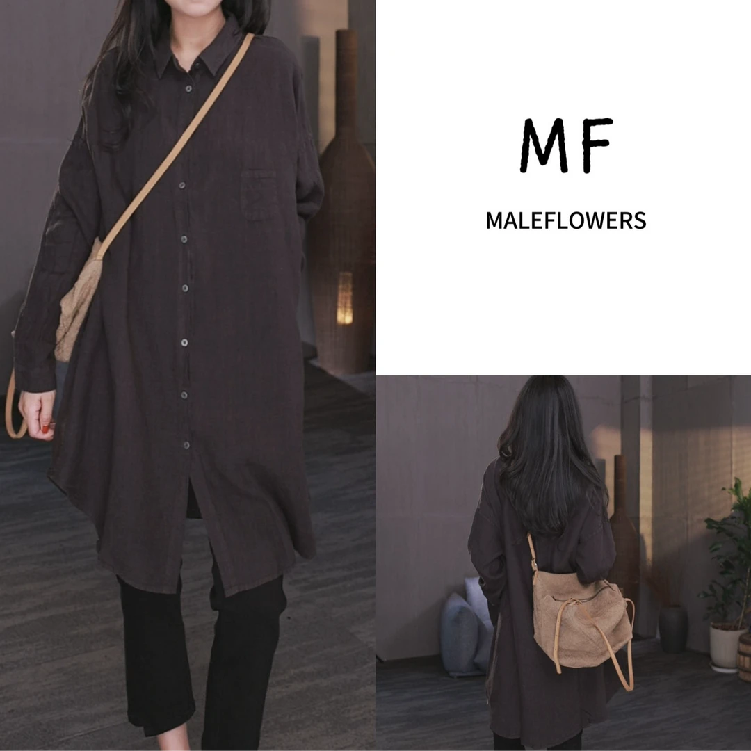 东倪MF 亚麻100早秋季长款长袖对襟翻领衬衫大外套显瘦 85C66168