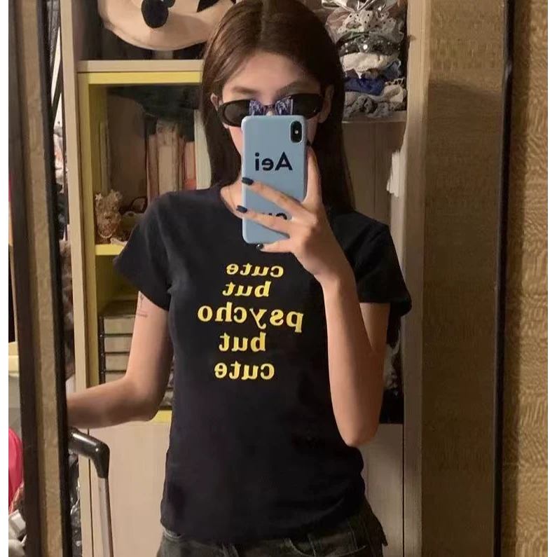 WEIMI#【DY0021】美式复古短袖圆领字母印花T恤/女装夏季修身显瘦