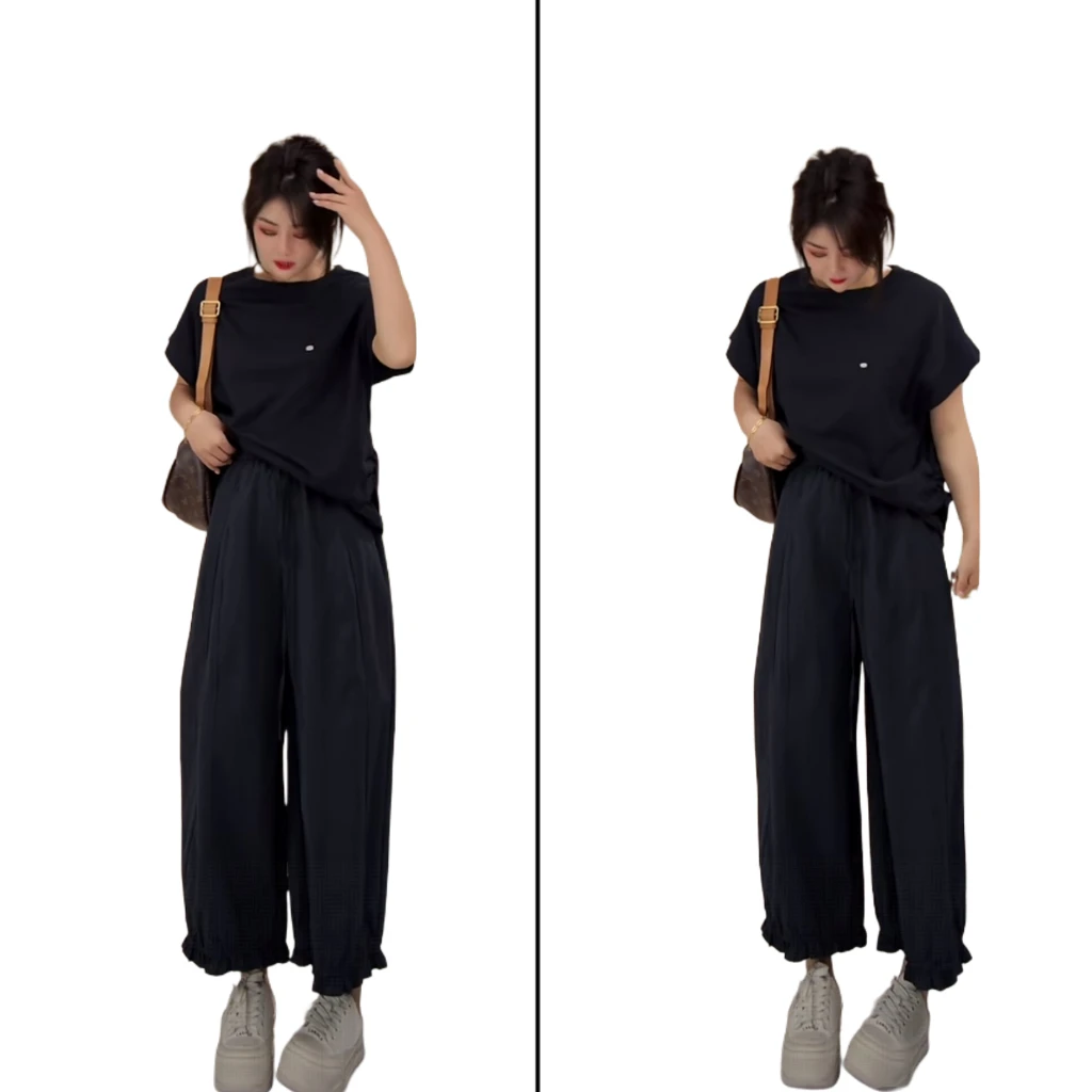 小韩日记【浪花朵朵】休闲裤时尚百搭夏季松紧腰韩版宽松花边8229