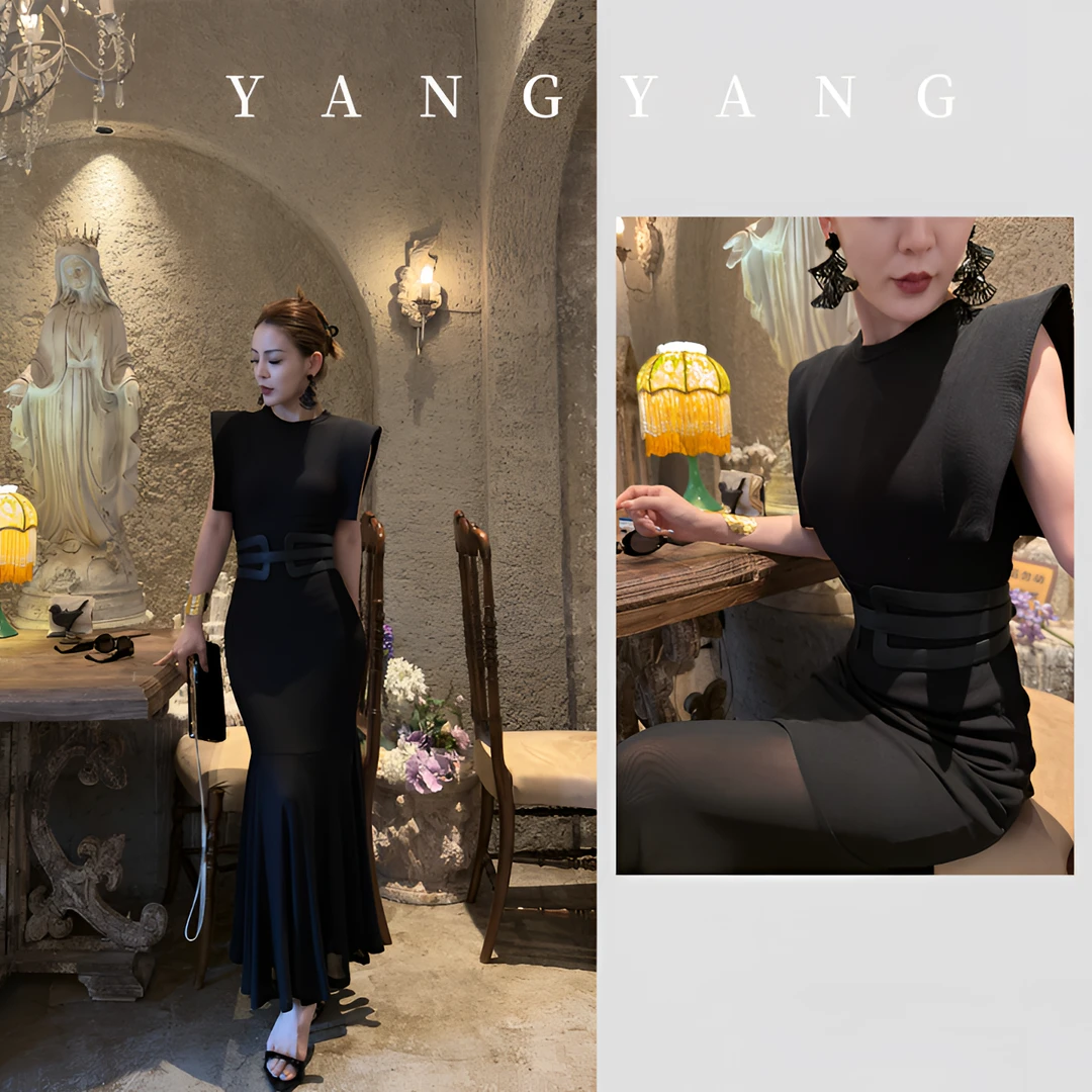YANGYANG 洋气衣女装气质高级感女神范黑色赫本风夏季连衣裙