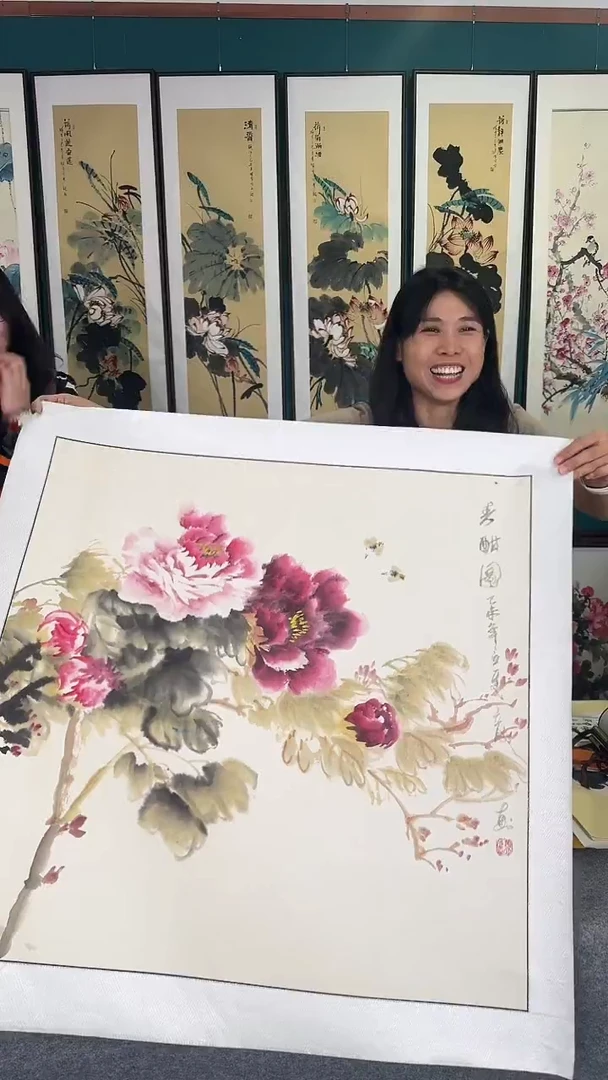 国画牡丹 实木装裱 83*83