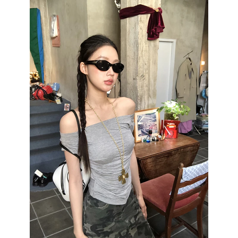 【迷迭香T恤】夏法式收腰一字领小众气质辣妹性感短款T恤251V0034#