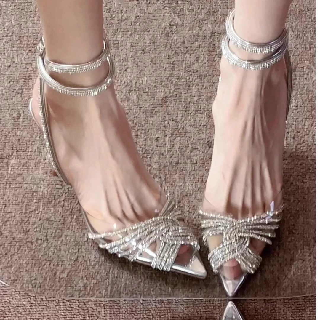 透明银色水钻交叉绑带高跟鞋2025新款尖头细跟凉鞋仙女风名媛女鞋