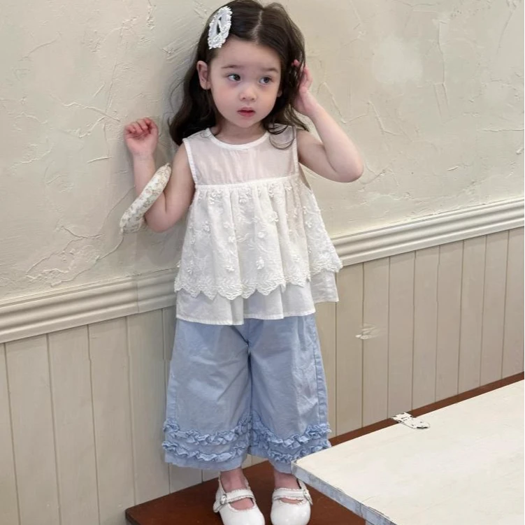 童装2025夏季新款女小童韩版立体绣花纯棉娃娃衫女童夏季清凉套装