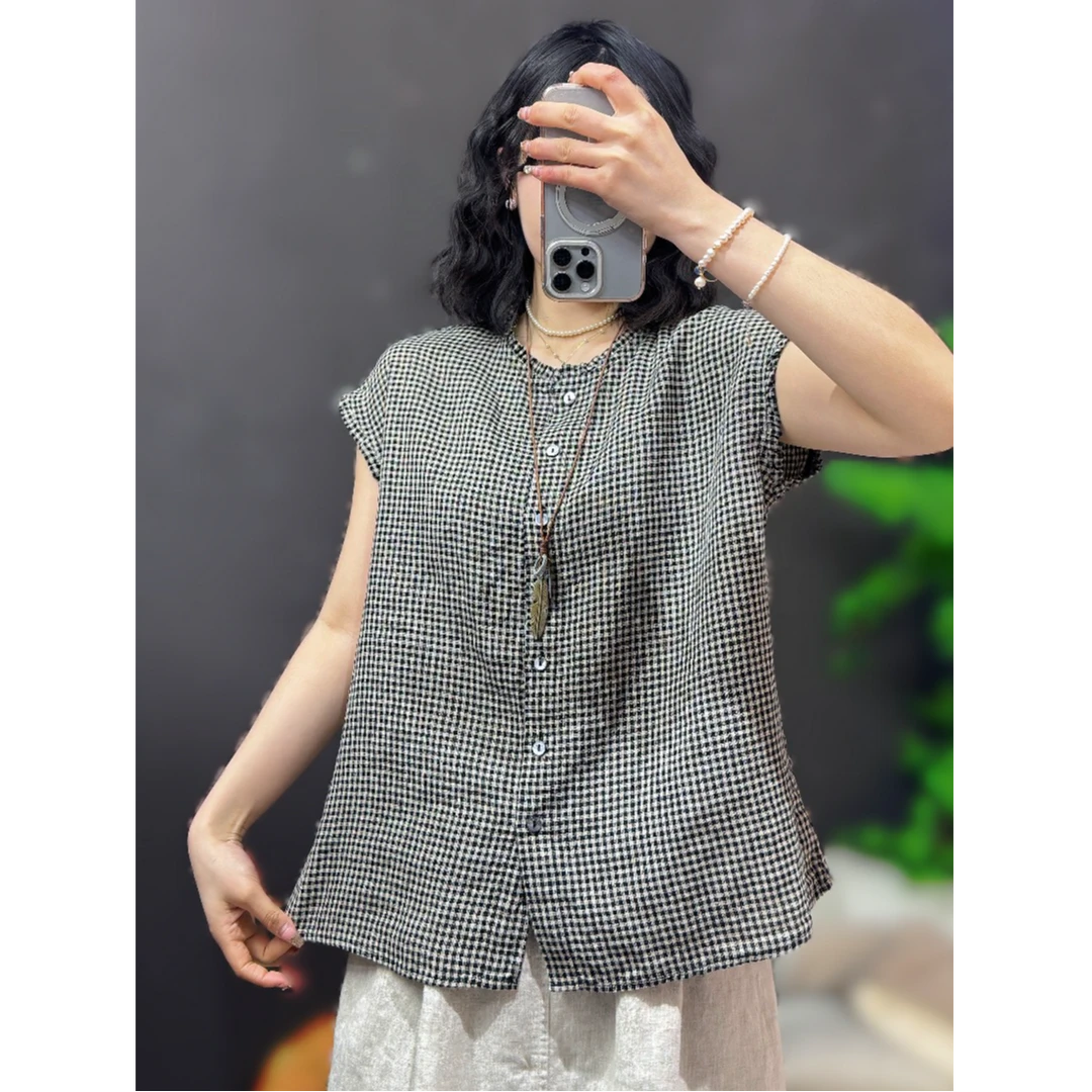 【瑜妹妹】格子色织砂洗亚麻坎肩-衬衫女宽松夏季圆领女士无袖百搭