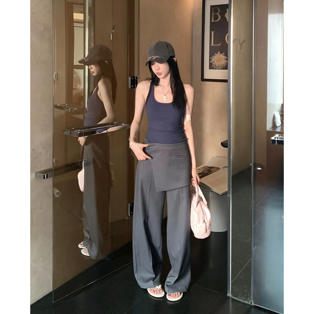 设计感假两件拼接高腰休闲裤女夏季灰色西装裤显瘦垂感阔腿拖地裤