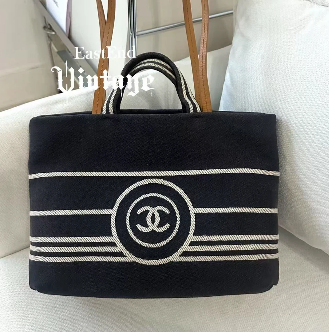 95新 Chanel/香奈儿 東区-Chanel牛仔蓝大号条纹沙滩单肩包/73612