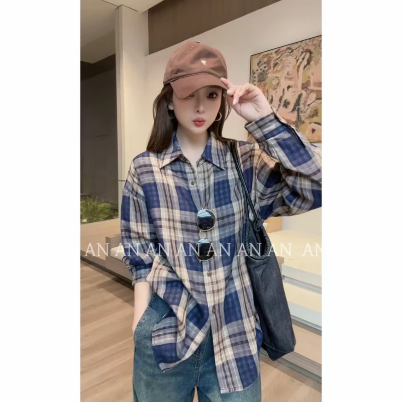 复古格子长袖衬衫女2025早秋设计感小众衬衣外套宽松时尚休闲上衣