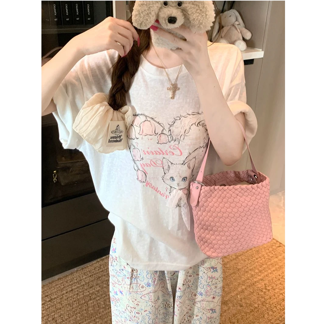韩系ins风小众慵懒风复古猫咪印花短袖t恤女2025夏季新款休闲上衣