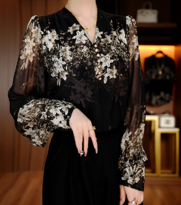 诺诗 春夏季新款洋气宽松显瘦优雅轻奢气质印花百搭衬衫V25P010