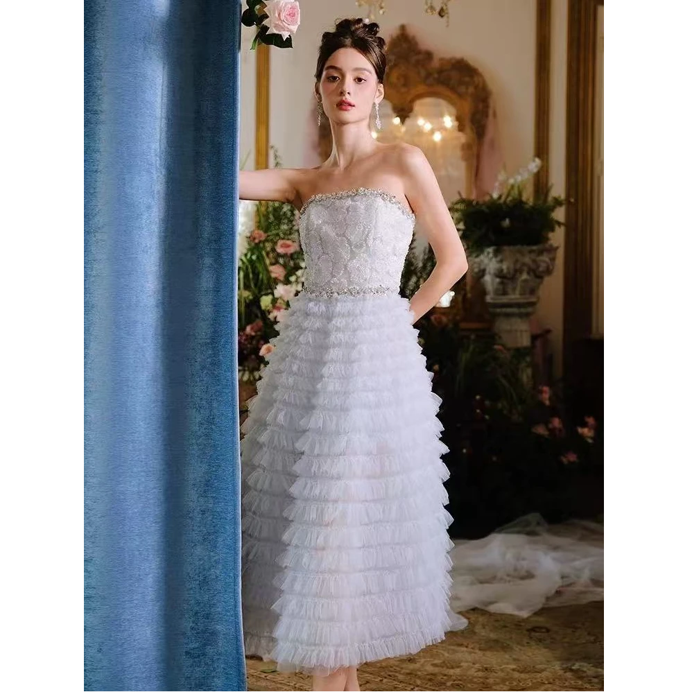 WARDROBES BY CHEN淡蓝精美绣珠片钻链缀饰连衣裙CHEN23SS0654