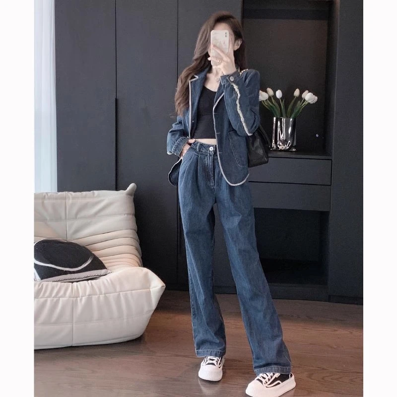 高级感时尚牛仔套装女春季2025新款休闲洋气阔腿裤秋装搭配一整套