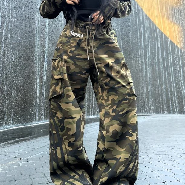 Blackgirl新款【无尽探索】春夏运动宽松迷彩工装大口袋阔腿裤卫裤