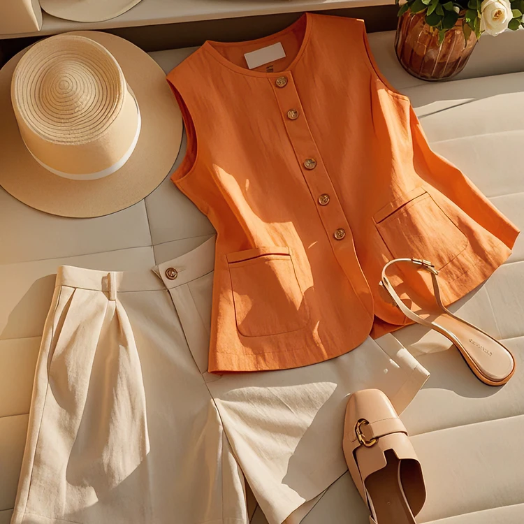 2025夏梨型身材穿搭小众不撞款时尚洋气小香风桔色马甲短裤套装