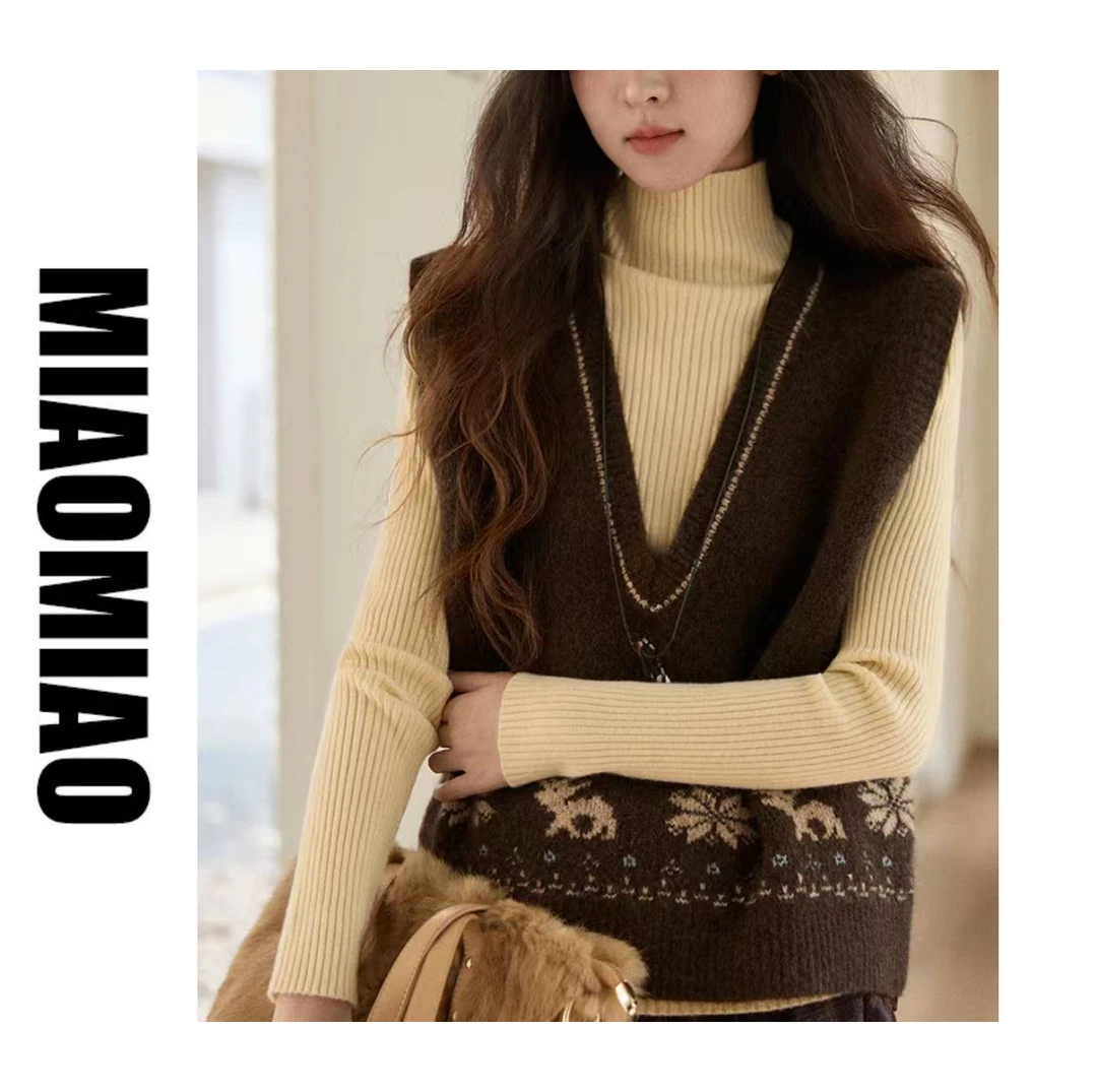 【大码】1498复古提花V领针织马甲女冬外搭叠穿毛衣背心坎肩时尚潮