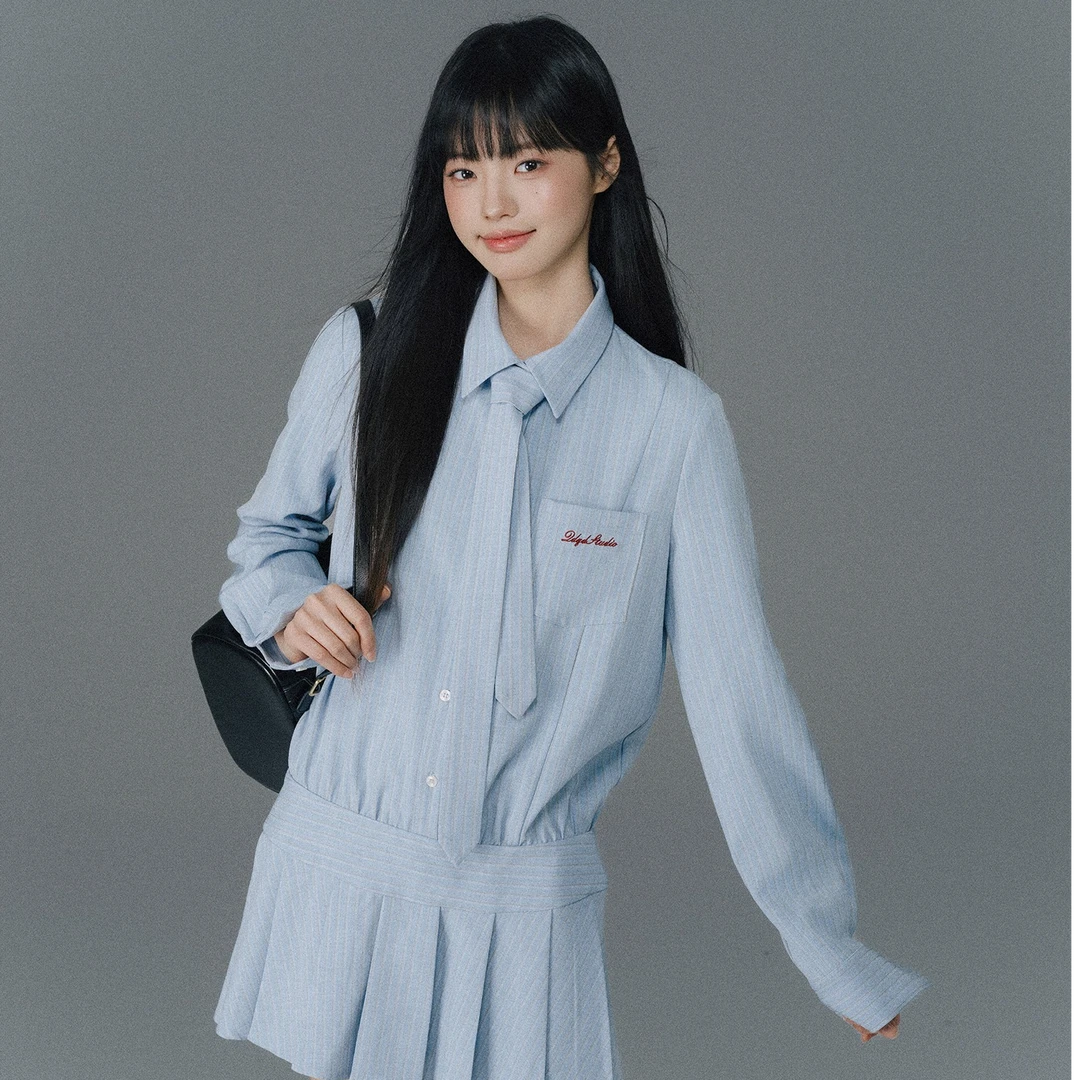 QDQD原创设计蓝色条纹衬衫连衣裙学院风宽松A字裙