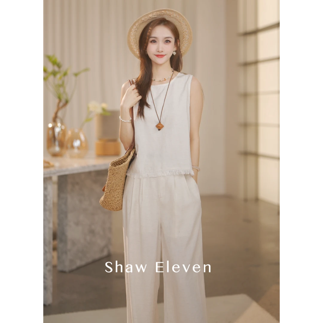 【Shaw Eleven】2025年夏女装法式圆领流苏边松紧腰长裤套装77012