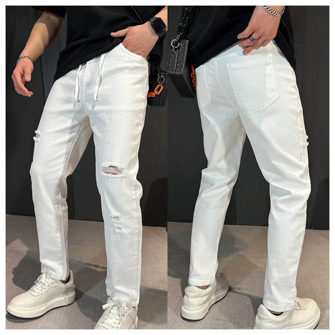 男破洞牛仔裤潮流韩版修身显瘦牛仔休闲裤男士宽松直筒夏季休闲风
